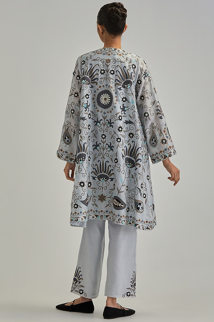 Blue Silk Chanderi Applique Floral Work A-line Jacket Set by Kora at Pernia's Pop Up Shop