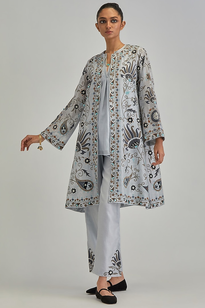 Blue Silk Chanderi Applique Floral Work A-line Jacket Set by Kora at Pernia's Pop Up Shop
