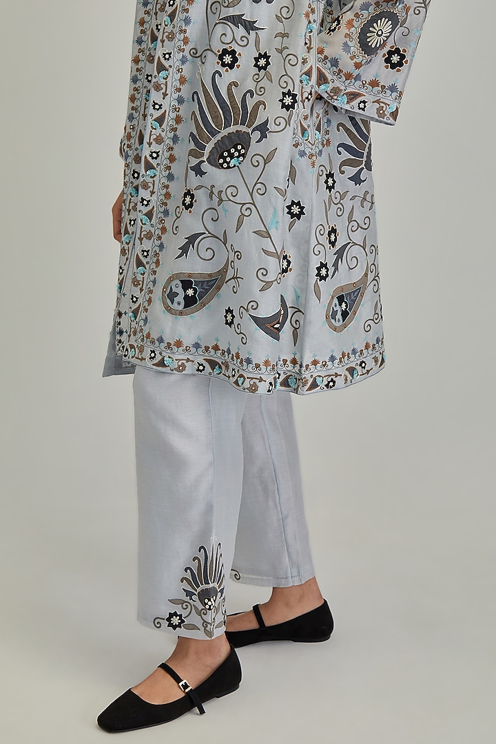 Blue Silk Chanderi Applique Floral Work A-line Jacket Set by Kora at Pernia's Pop Up Shop