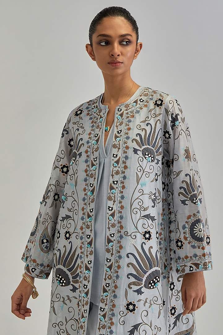 Blue Silk Chanderi Applique Floral Work A-line Jacket Set by Kora at Pernia's Pop Up Shop
