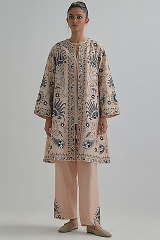Pink Silk Chanderi Applique Floral Work A-line Jacket Set by Kora