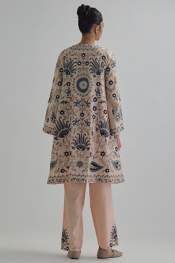 Pink Silk Chanderi Applique Floral Work A-line Jacket Set by Kora at Pernia's Pop Up Shop
