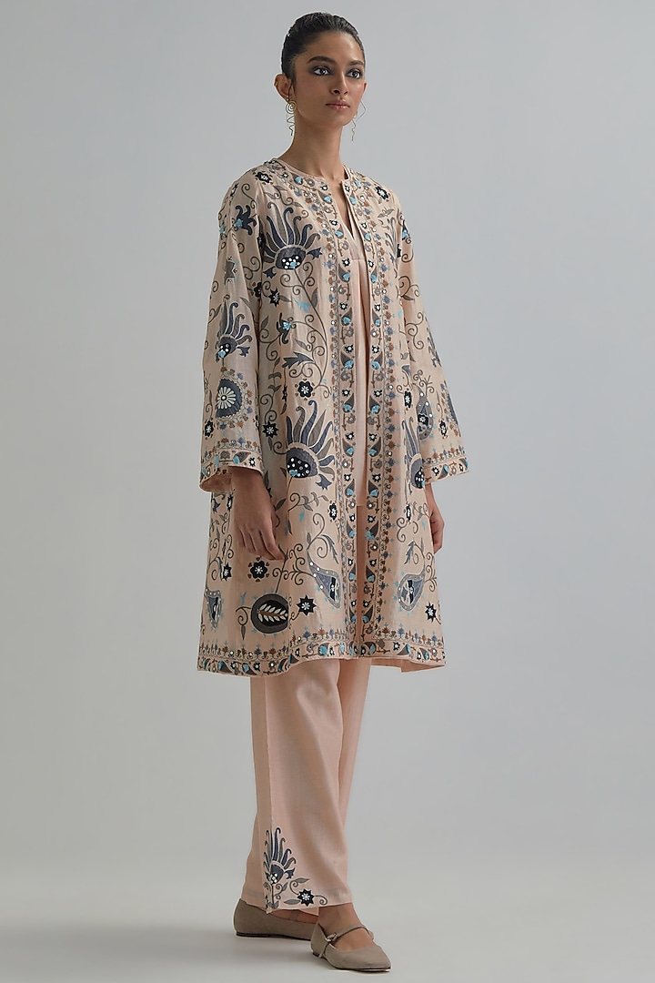 Pink Silk Chanderi Applique Floral Work A-line Jacket Set by Kora at Pernia's Pop Up Shop