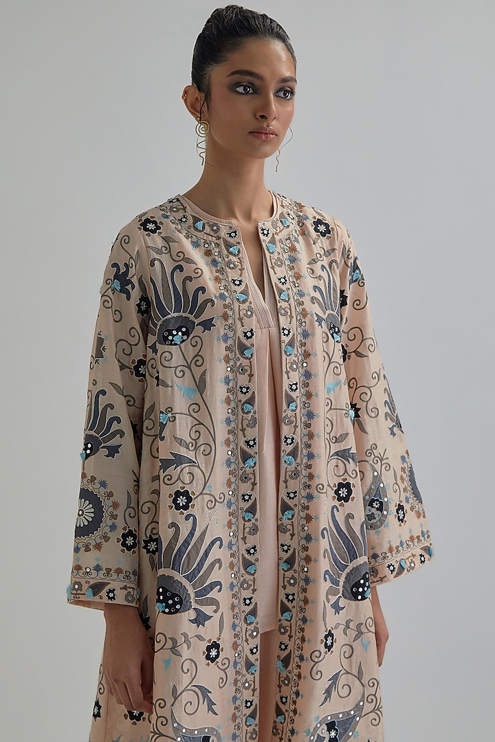Pink Silk Chanderi Applique Floral Work A-line Jacket Set by Kora at Pernia's Pop Up Shop