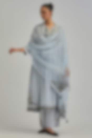 Blue Silk Chanderi Applique Embroidered Gathered Kurta Set by Kora at Pernia's Pop Up Shop