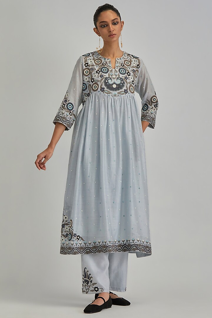 Blue Silk Chanderi Applique Embroidered Gathered Kurta Set by Kora at Pernia's Pop Up Shop