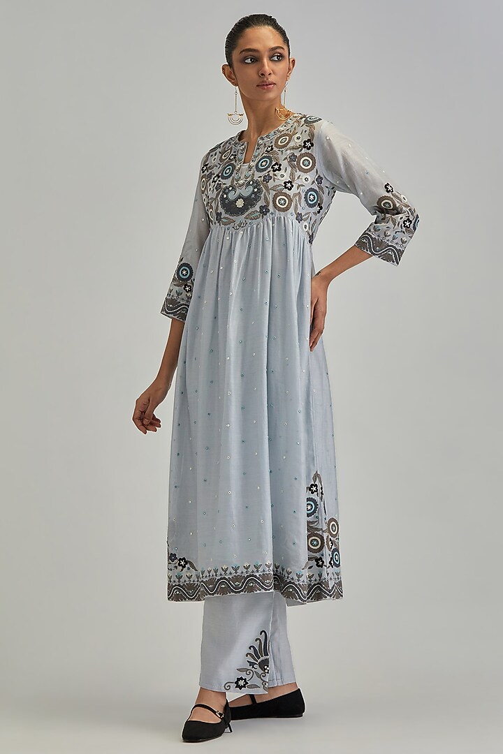 Blue Silk Chanderi Applique Embroidered Gathered Kurta Set by Kora at Pernia's Pop Up Shop
