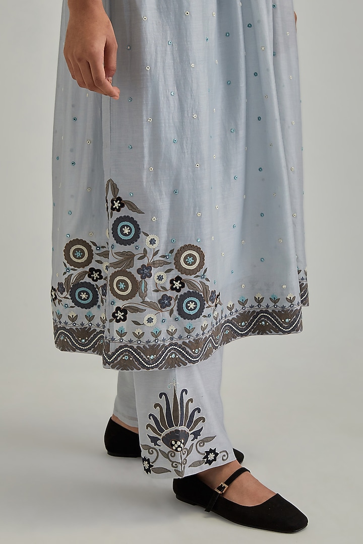 Blue Silk Chanderi Applique Embroidered Gathered Kurta Set by Kora at Pernia's Pop Up Shop