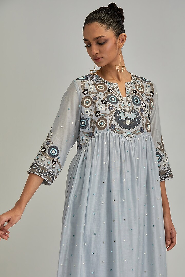 Blue Silk Chanderi Applique Embroidered Gathered Kurta Set by Kora at Pernia's Pop Up Shop