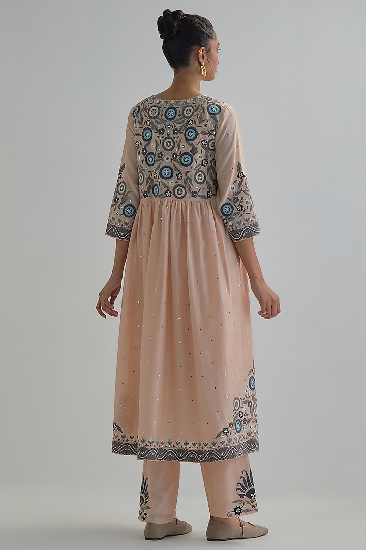 Pink Silk Chanderi Applique Embroidered Gathered Kurta Set by Kora at Pernia's Pop Up Shop