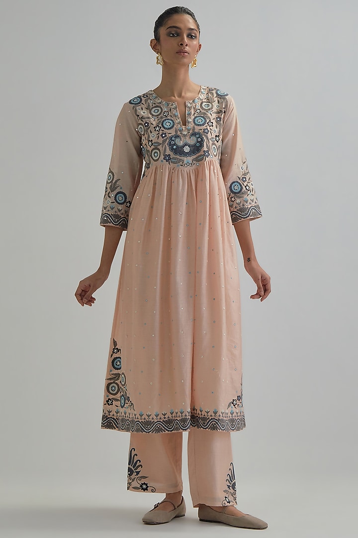 Pink Silk Chanderi Applique Embroidered Gathered Kurta Set by Kora at Pernia's Pop Up Shop