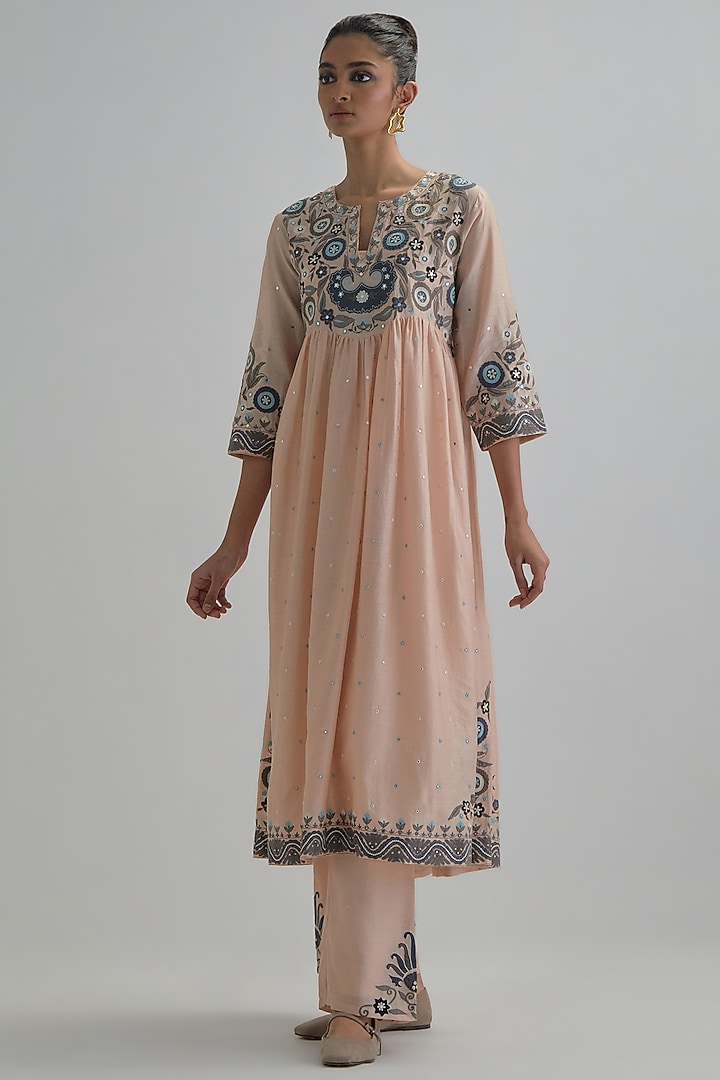 Pink Silk Chanderi Applique Embroidered Gathered Kurta Set by Kora at Pernia's Pop Up Shop