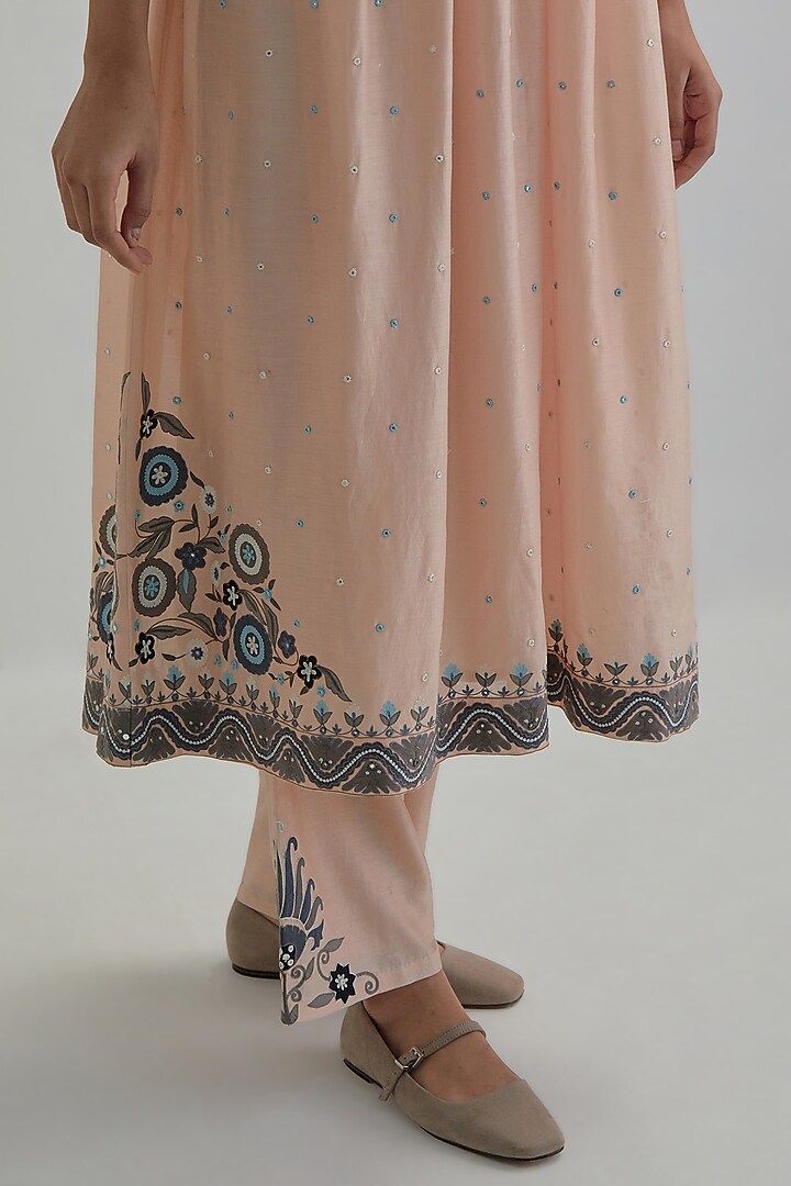 Pink Silk Chanderi Applique Embroidered Gathered Kurta Set by Kora at Pernia's Pop Up Shop