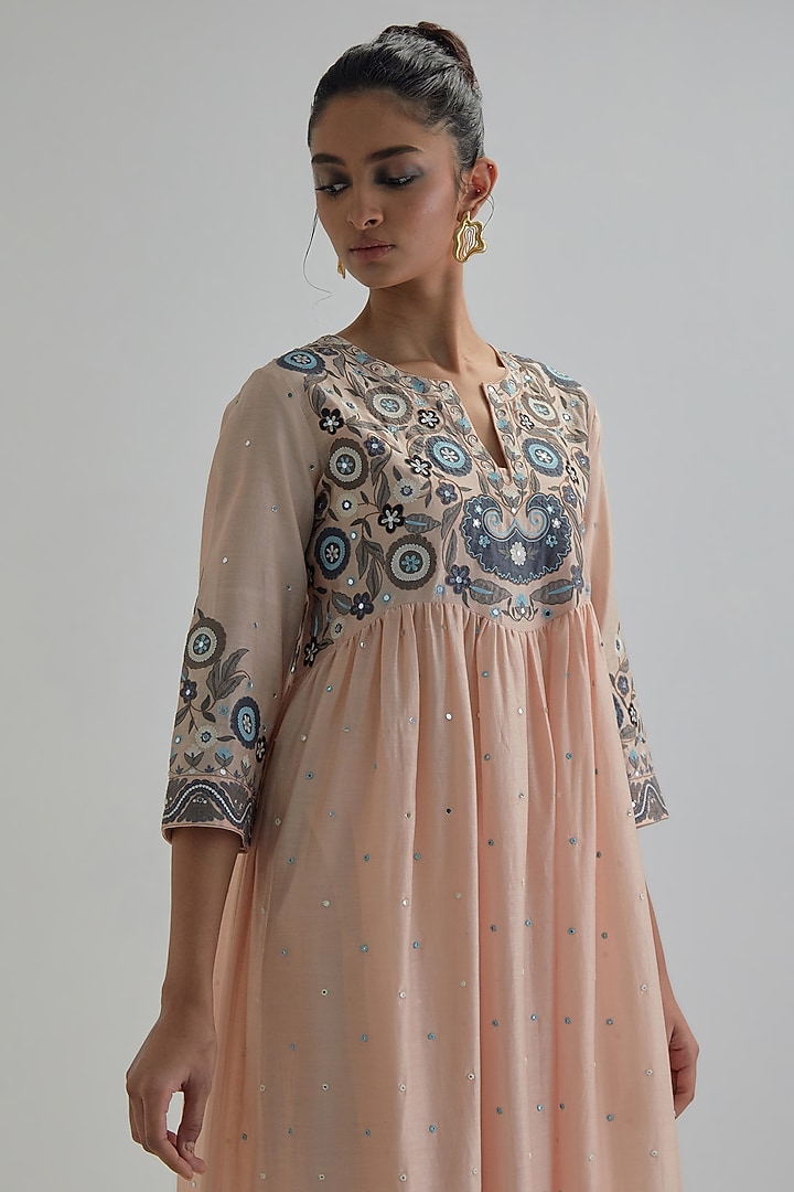 Pink Silk Chanderi Applique Embroidered Gathered Kurta Set by Kora at Pernia's Pop Up Shop