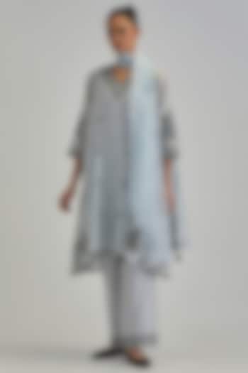 Blue Silk Chanderi Applique Embroidered Gathered Kurta Set by Kora at Pernia's Pop Up Shop