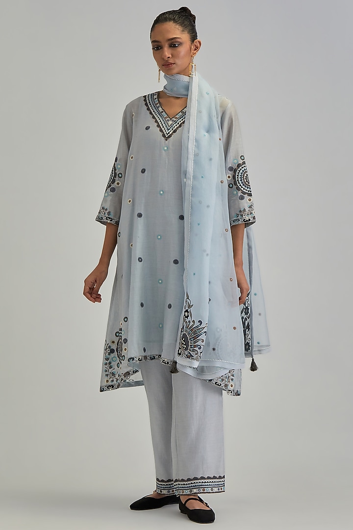 Blue Silk Chanderi Applique Embroidered Gathered Kurta Set by Kora at Pernia's Pop Up Shop