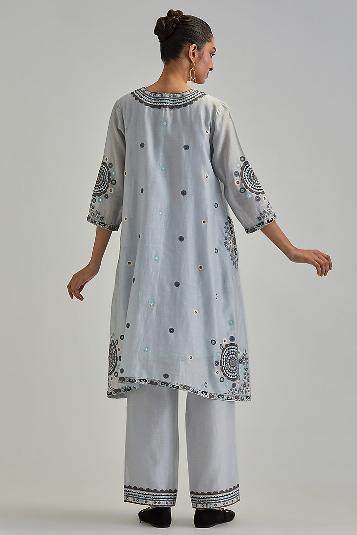 Blue Silk Chanderi Applique Embroidered Gathered Kurta Set by Kora at Pernia's Pop Up Shop