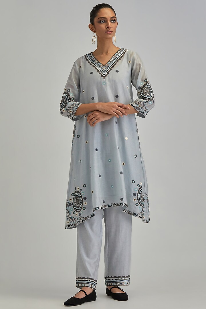 Blue Silk Chanderi Applique Embroidered Gathered Kurta Set by Kora at Pernia's Pop Up Shop