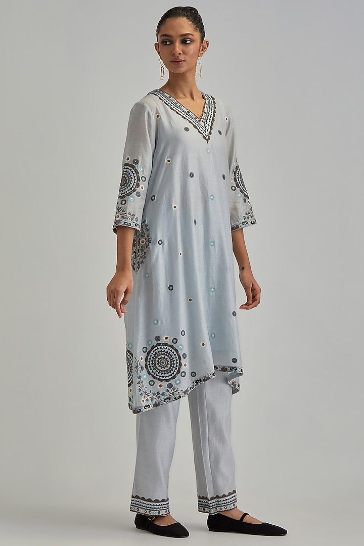 Blue Silk Chanderi Applique Embroidered Gathered Kurta Set by Kora at Pernia's Pop Up Shop