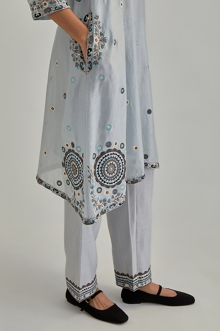 Blue Silk Chanderi Applique Embroidered Gathered Kurta Set by Kora at Pernia's Pop Up Shop