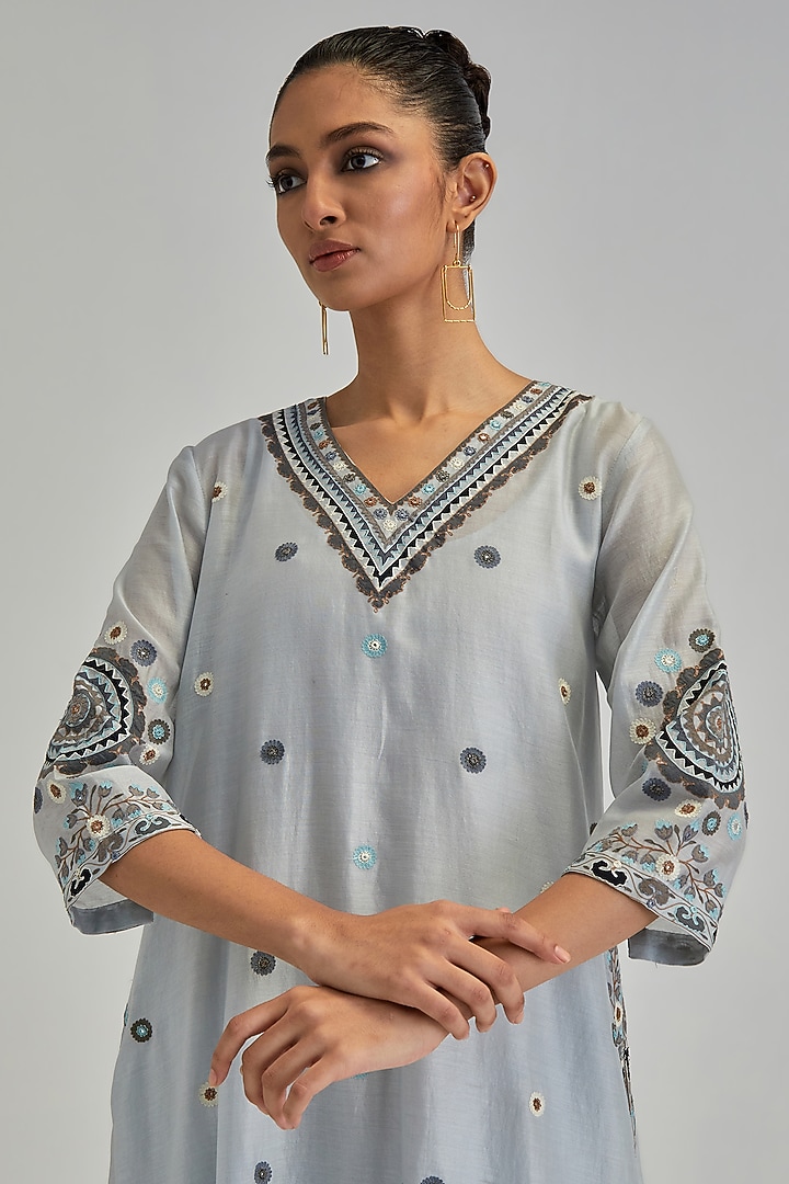 Blue Silk Chanderi Applique Embroidered Gathered Kurta Set by Kora at Pernia's Pop Up Shop
