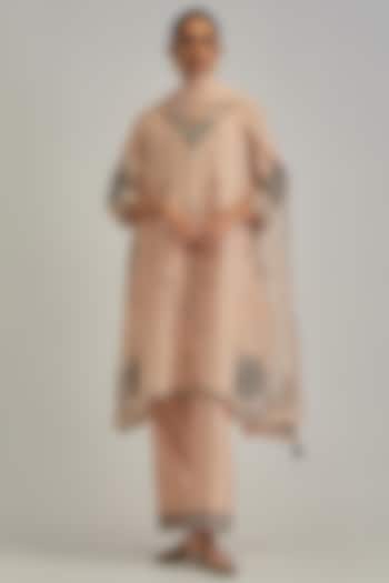 Pink Silk Chanderi Applique Embroidered Gathered Kurta Set by Kora at Pernia's Pop Up Shop