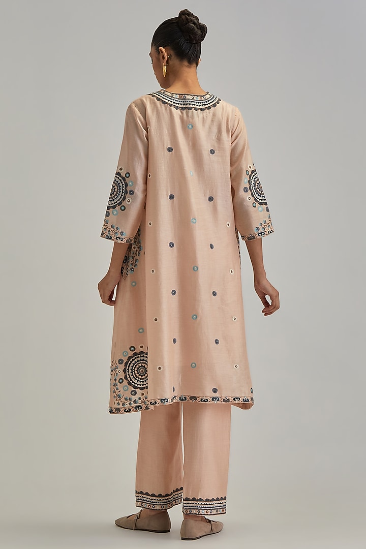 Pink Silk Chanderi Applique Embroidered Gathered Kurta Set by Kora at Pernia's Pop Up Shop