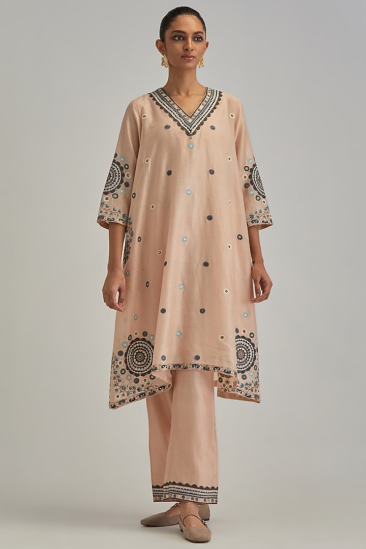 Pink Silk Chanderi Applique Embroidered Gathered Kurta Set by Kora at Pernia's Pop Up Shop