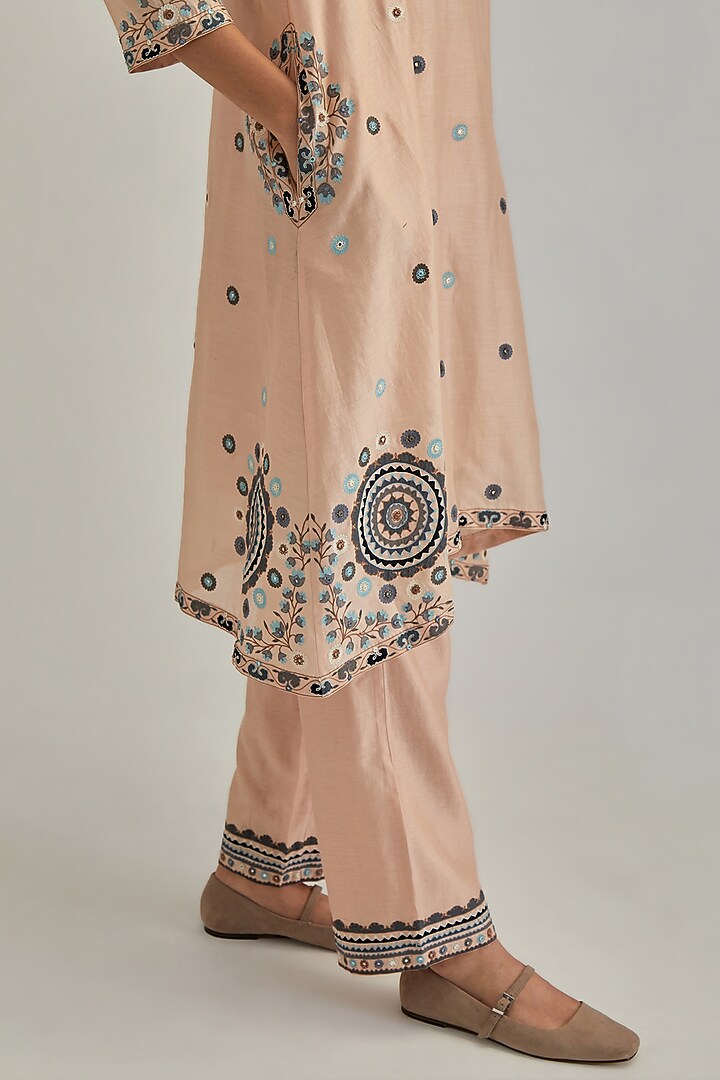 Pink Silk Chanderi Applique Embroidered Gathered Kurta Set by Kora at Pernia's Pop Up Shop