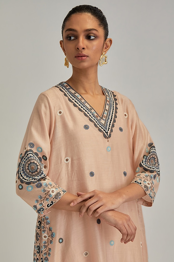 Pink Silk Chanderi Applique Embroidered Gathered Kurta Set by Kora at Pernia's Pop Up Shop