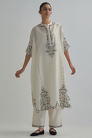 Off-White Silk Chanderi Sequins Embroidered Kaftan Set by Kora