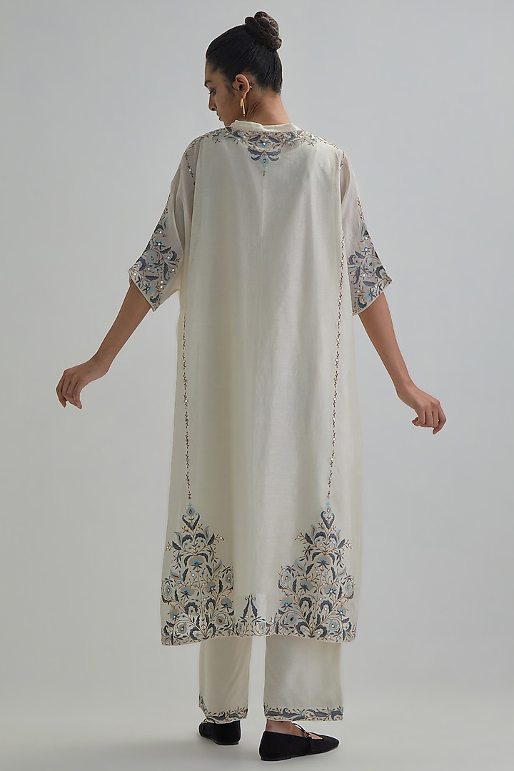 Off-White Silk Chanderi Sequins Embroidered Kaftan Set by Kora at Pernia's Pop Up Shop