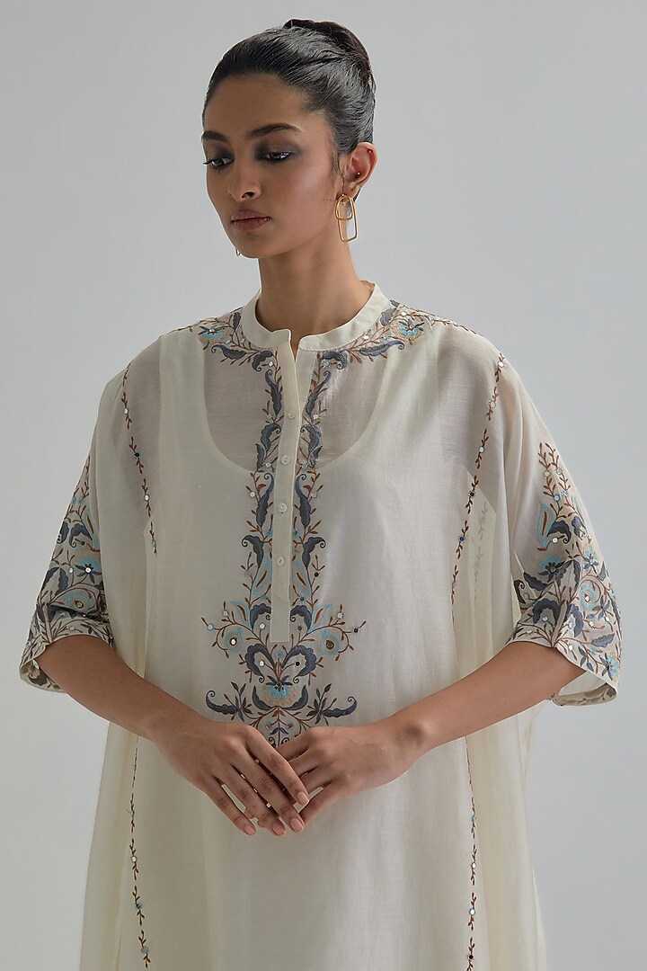 Off-White Silk Chanderi Sequins Embroidered Kaftan Set by Kora at Pernia's Pop Up Shop