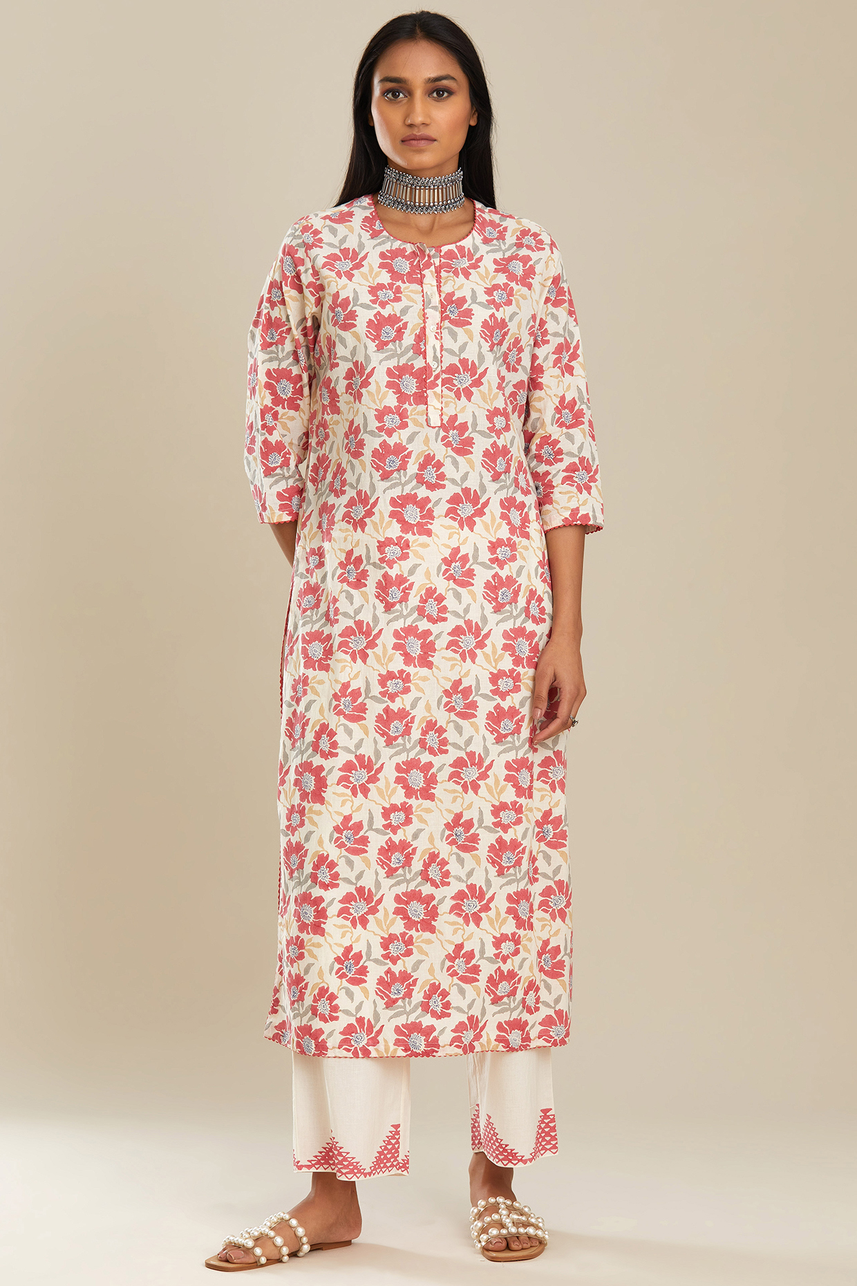 Red & Off-White Block Printed Kurta Set by Kora at Pernia's Pop Up Shop