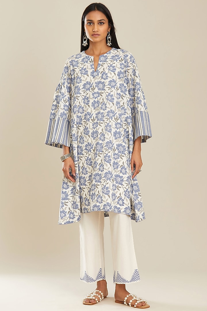 Blue & Off-White Cotton Kurta Set by Kora at Pernia's Pop Up Shop