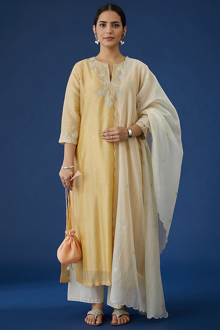 Pale Yellow Silk Chanderi Kurta Set by Kora