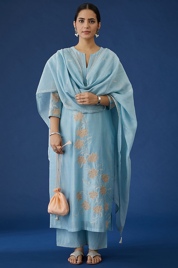 Blue Silk Chanderi Kurta Set by Kora