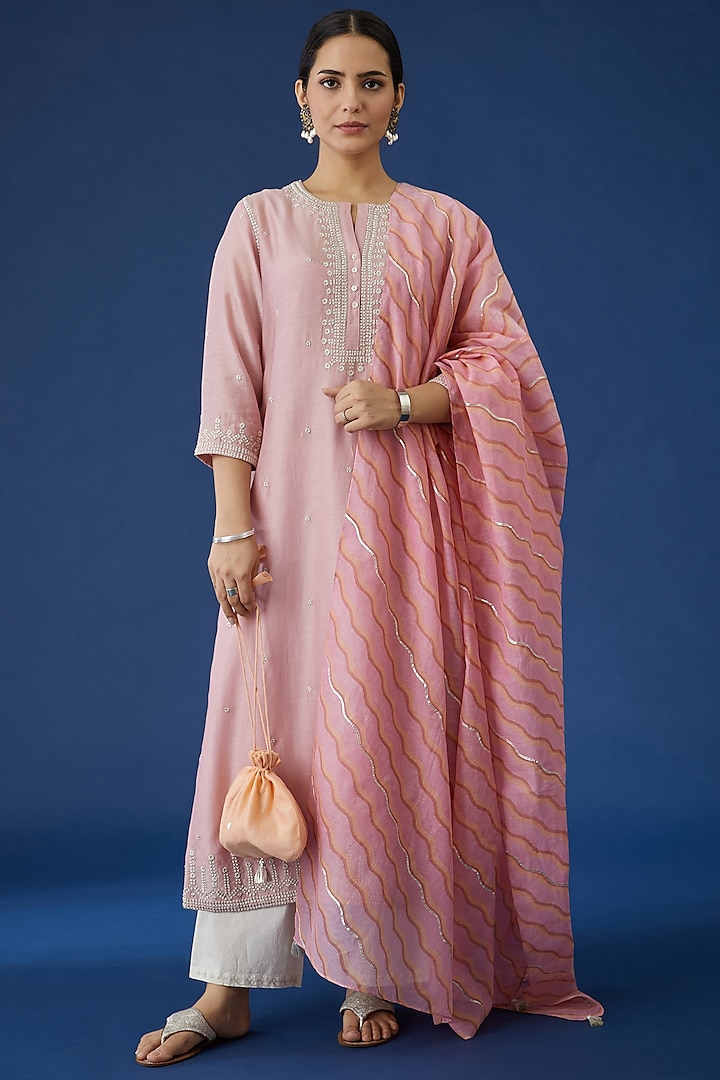 Pink Silk Chanderi Kurta Set by Kora