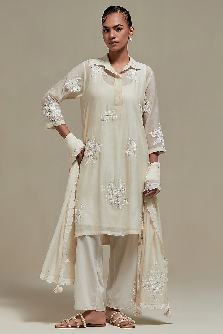 Off-White Cotton Chanderi Sequins Embroidered Short Kurta Set by Kora at Pernia's Pop Up Shop