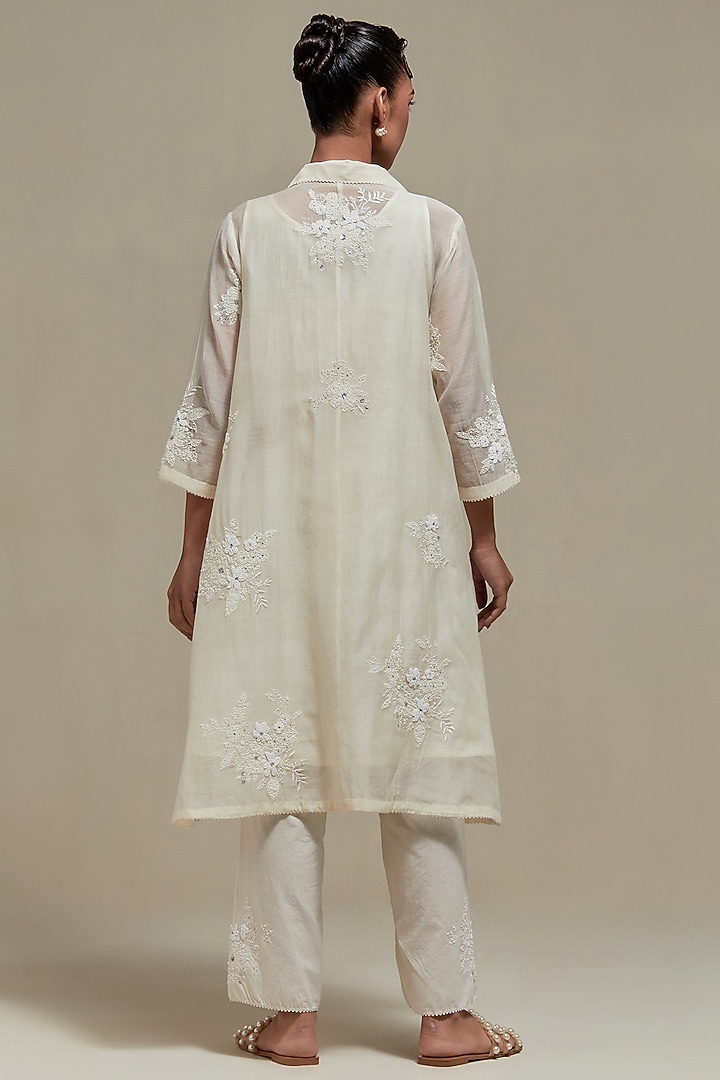 Off-White Cotton Chanderi Sequins Embroidered Short Kurta Set by Kora at Pernia's Pop Up Shop