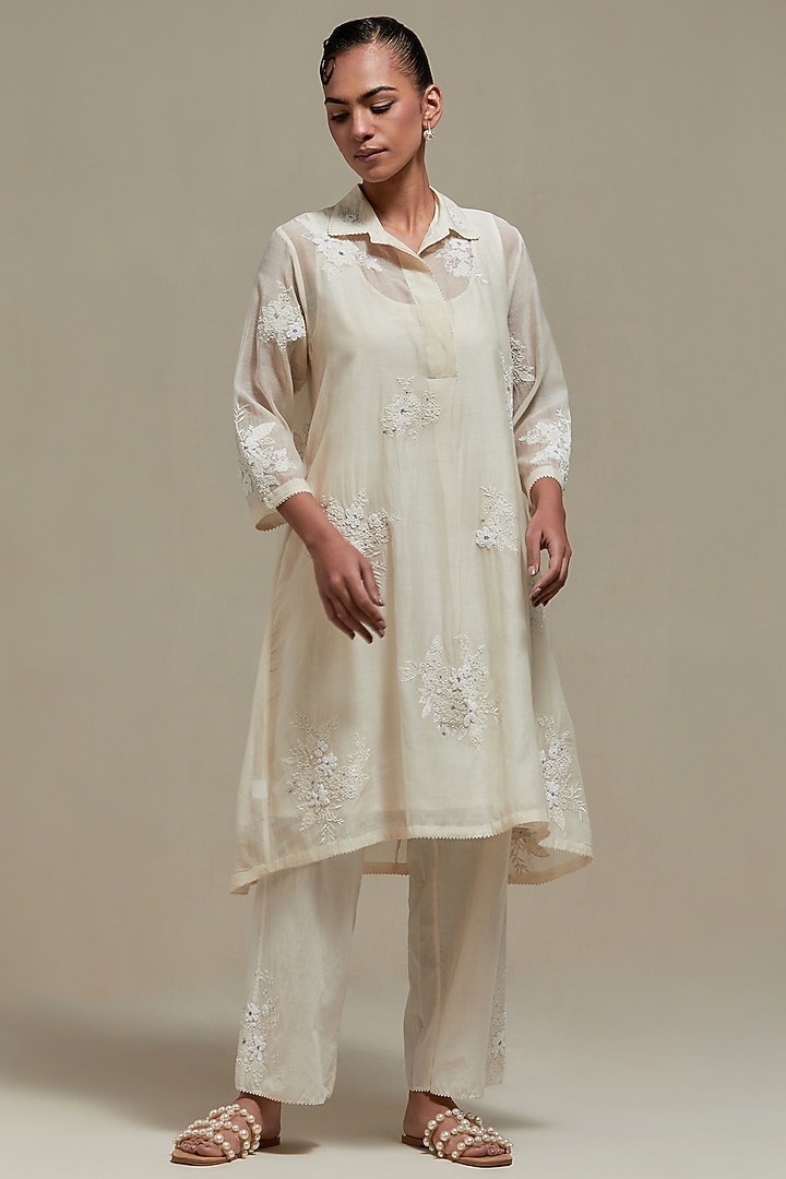 Off-White Cotton Chanderi Sequins Embroidered Short Kurta Set by Kora at Pernia's Pop Up Shop