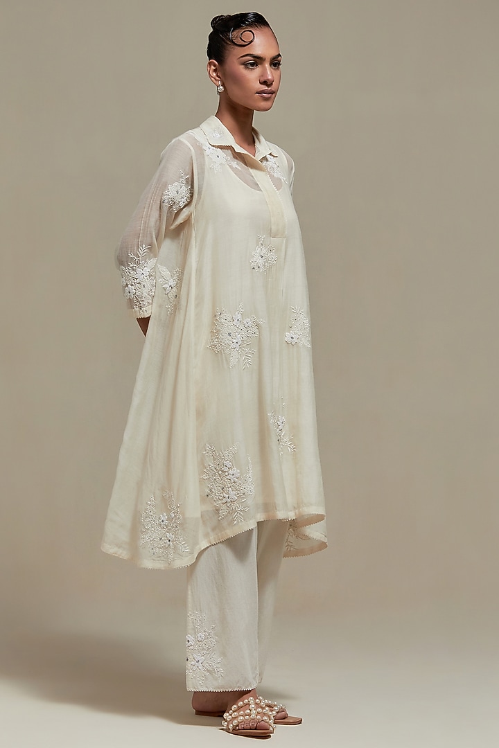 Off-White Cotton Chanderi Sequins Embroidered Short Kurta Set by Kora at Pernia's Pop Up Shop