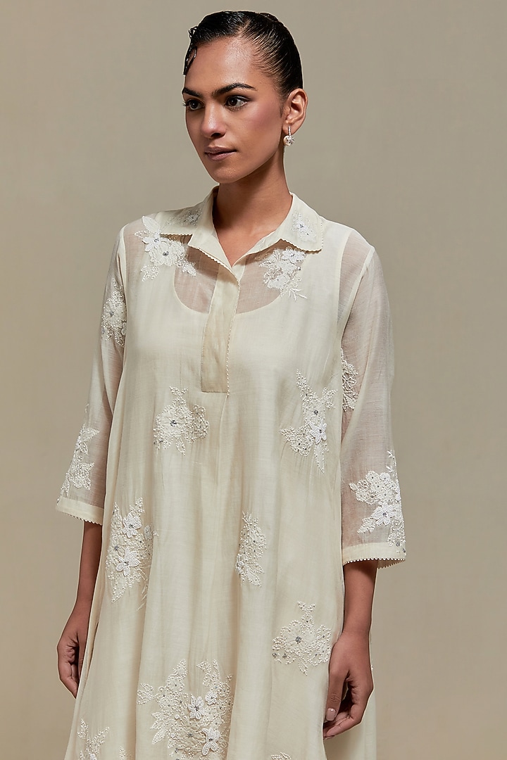 Off-White Cotton Chanderi Sequins Embroidered Short Kurta Set by Kora at Pernia's Pop Up Shop