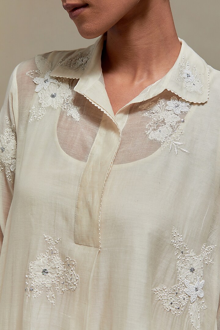 Off-White Cotton Chanderi Sequins Embroidered Short Kurta Set by Kora at Pernia's Pop Up Shop