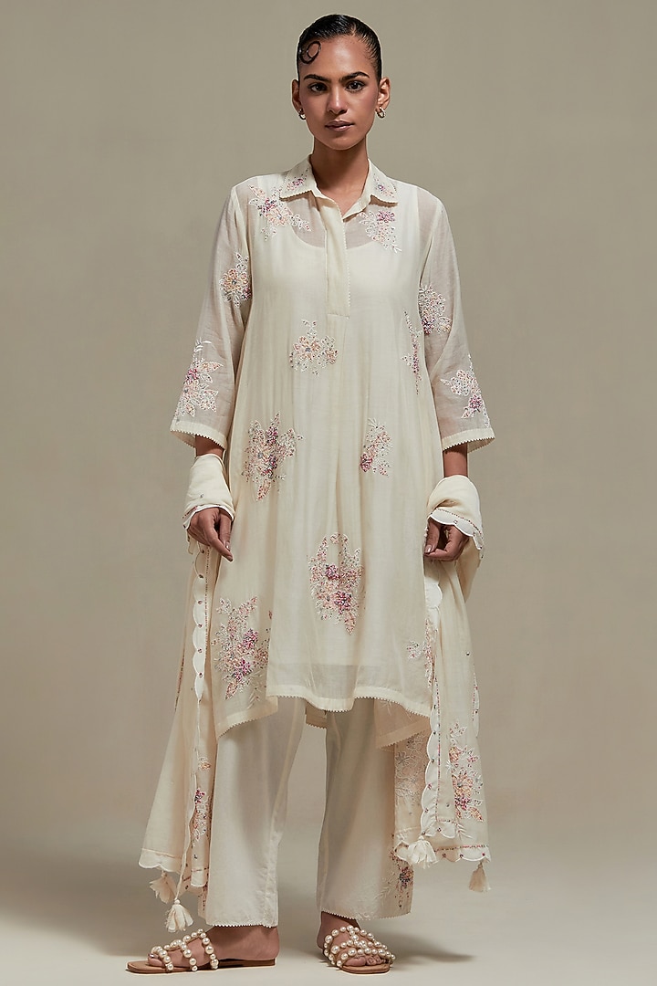 Off-White Cotton Chanderi Sequins Embroidered Short Kurta Set by Kora at Pernia's Pop Up Shop