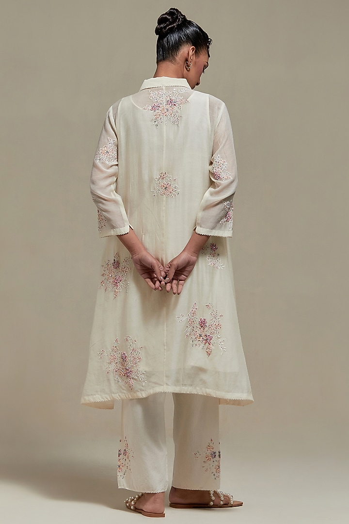 Off-White Cotton Chanderi Sequins Embroidered Short Kurta Set by Kora at Pernia's Pop Up Shop