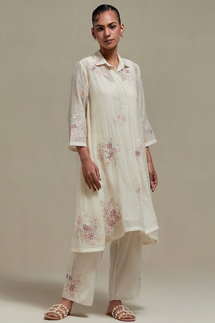 Off-White Cotton Chanderi Sequins Embroidered Short Kurta Set by Kora at Pernia's Pop Up Shop