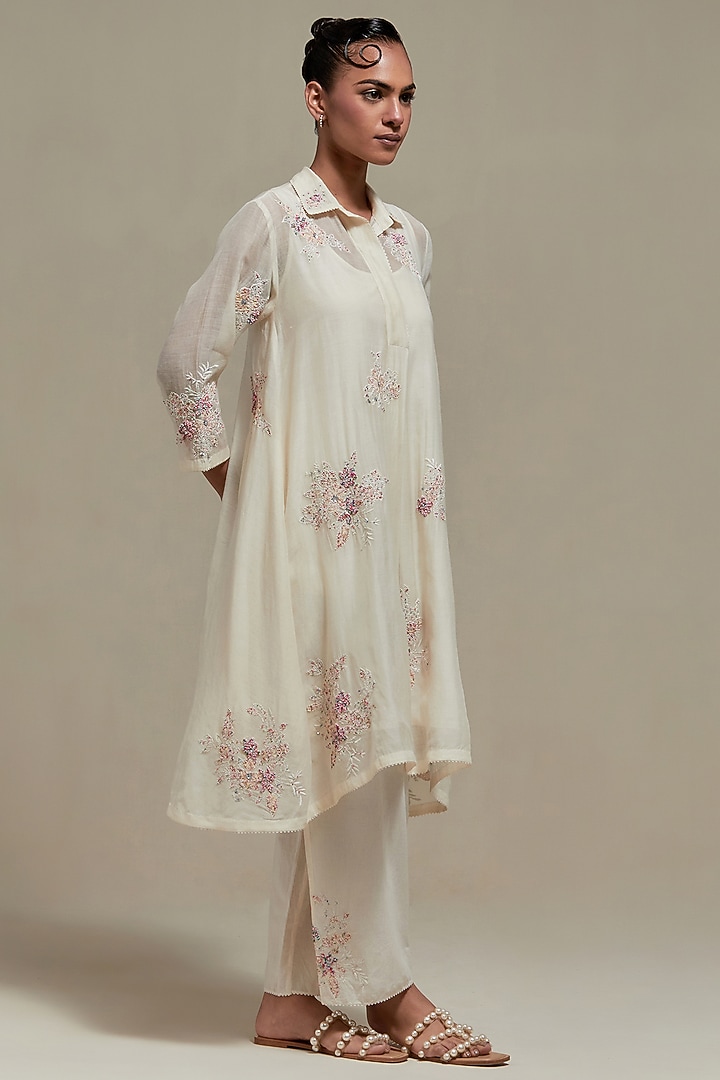 Off-White Cotton Chanderi Sequins Embroidered Short Kurta Set by Kora at Pernia's Pop Up Shop