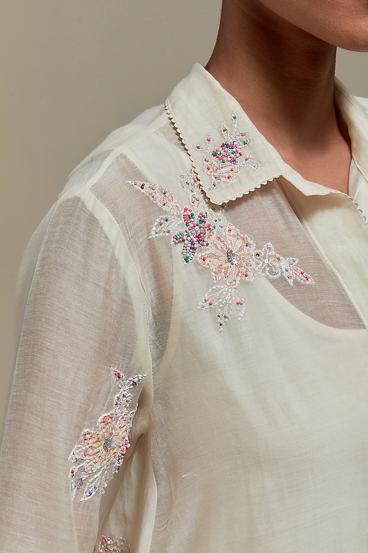 Off-White Cotton Chanderi Sequins Embroidered Short Kurta Set by Kora at Pernia's Pop Up Shop