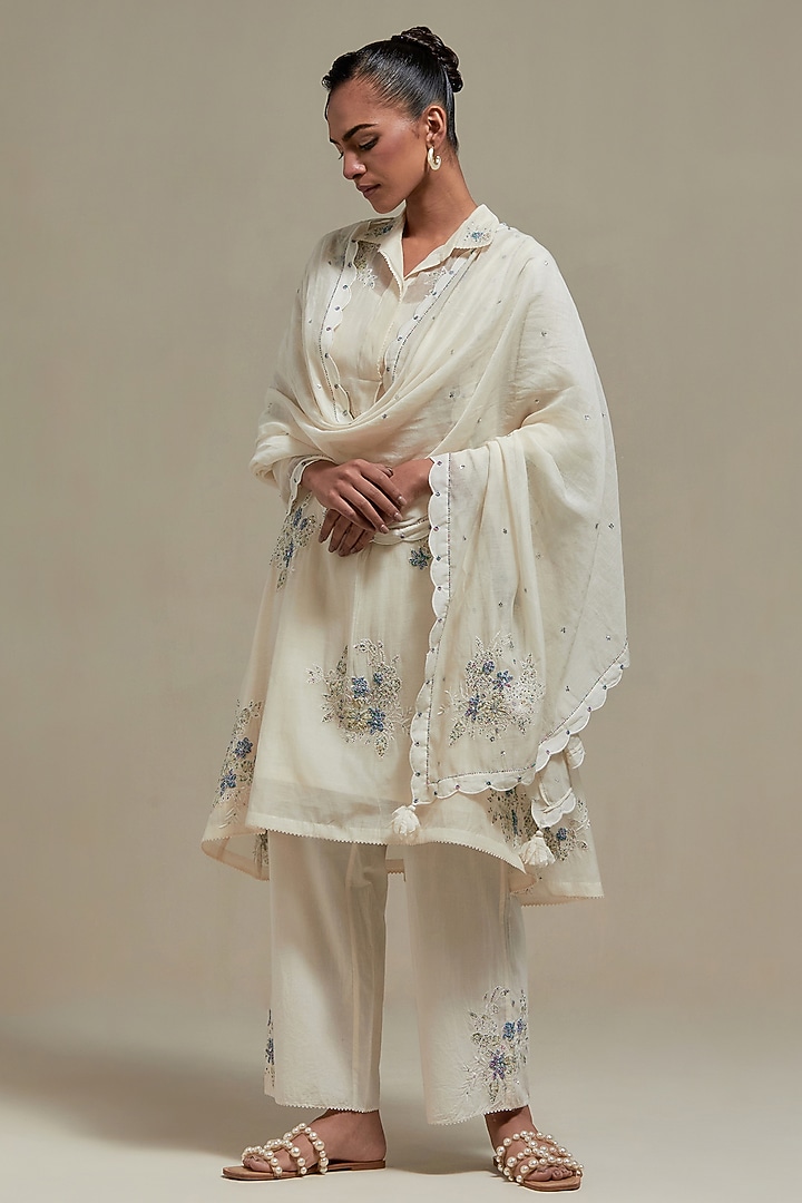 Off-White Cotton Chanderi Sequins Embroidered Short Kurta Set by Kora at Pernia's Pop Up Shop
